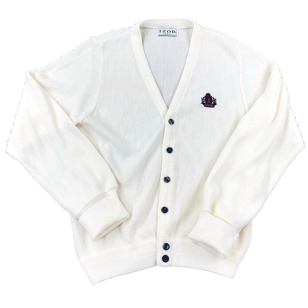 Vintage Izod Cardigan Sweater Men Small White Acrylic Button Up 80s USA Grandpa‎